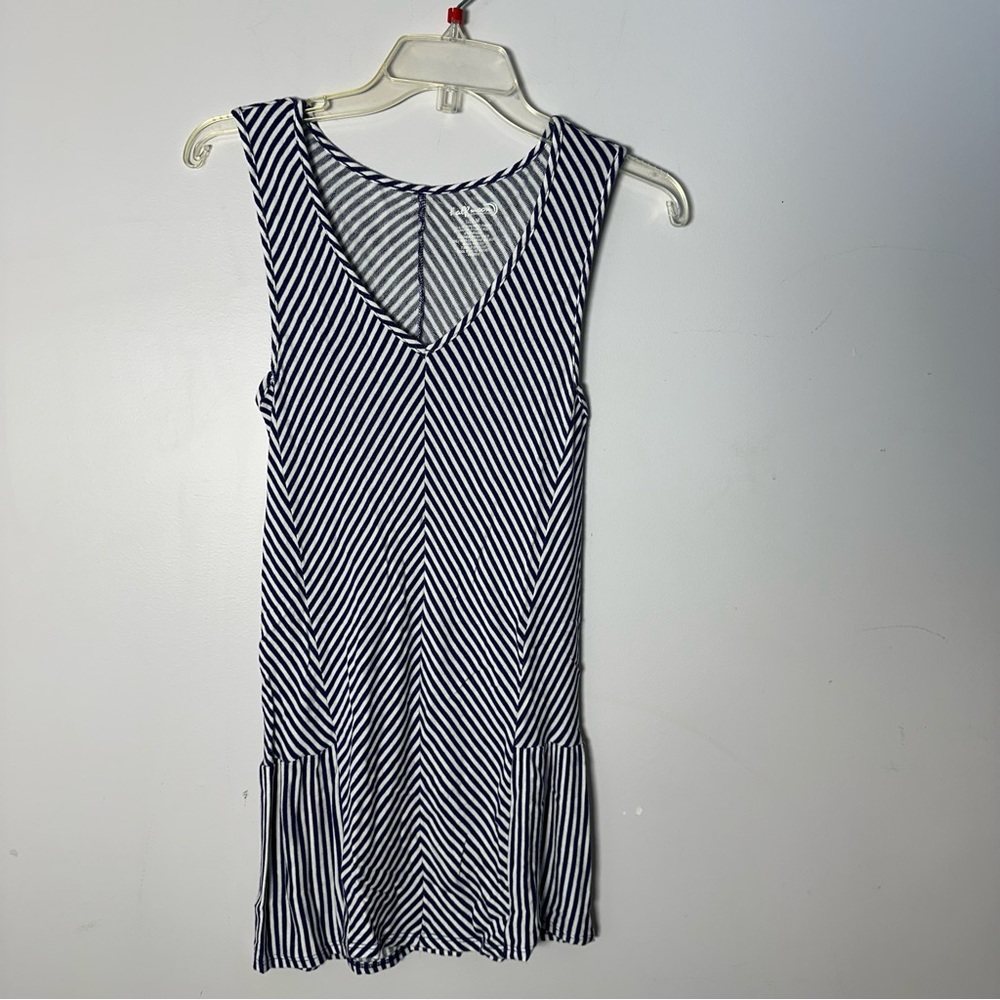 EUC Womens Half Moon Blue White Stripe M Medium Sleeveless Shirt Top Blouse